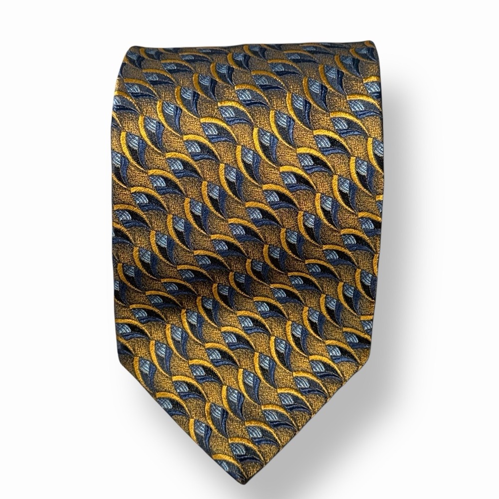 Ermenegildo Zegna Silk Tie 3.75x58 Gold Blue Art Deco Fish Scale Made Italy